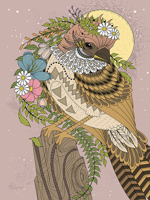 adult coloring page - beautiful sparrow with flowers