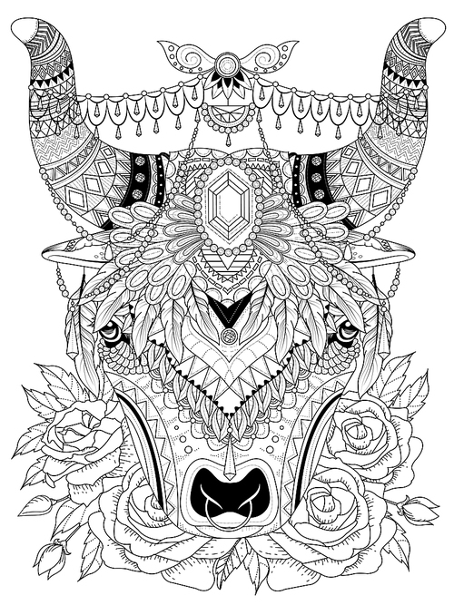 adult coloring page - yak with his splendid headwear