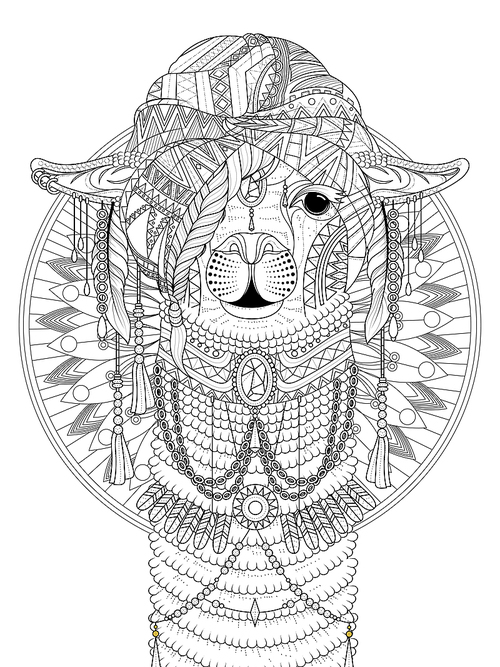 adult coloring page - alpaca with splendid headwear