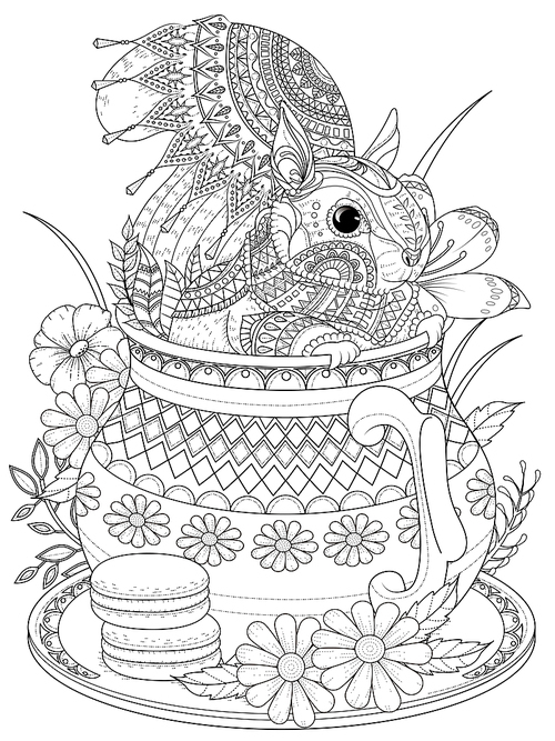 adult coloring page - adorable squirrel in a teapot