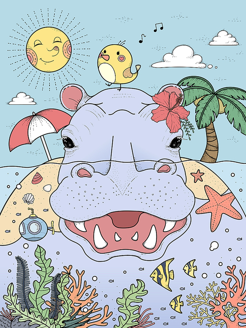 adult coloring page - delightful hippo with island on its back