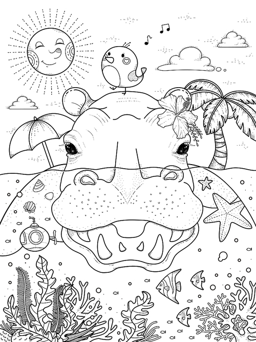 adult coloring page - delightful hippo with island on its back