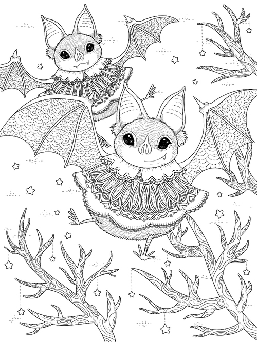 adult coloring page - lovely bat flying through starry night