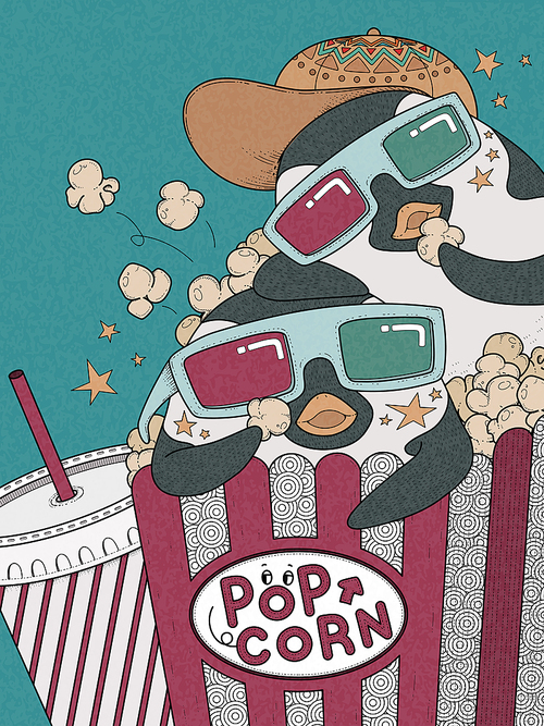 adult coloring page - funny penguin eating popcorn in the cinema