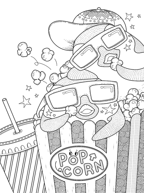 adult coloring page - funny penguin eating popcorn in the cinema