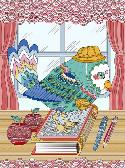 adult coloring page - adorable bird going to school