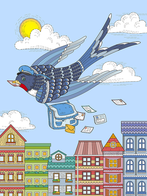 adult coloring page - swallow mailman flying through city
