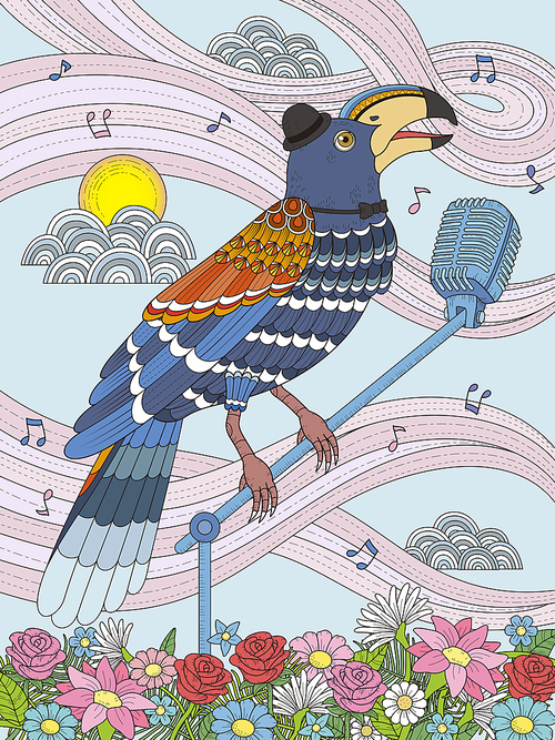 adult coloring page - toucan stand on the microphone and sing