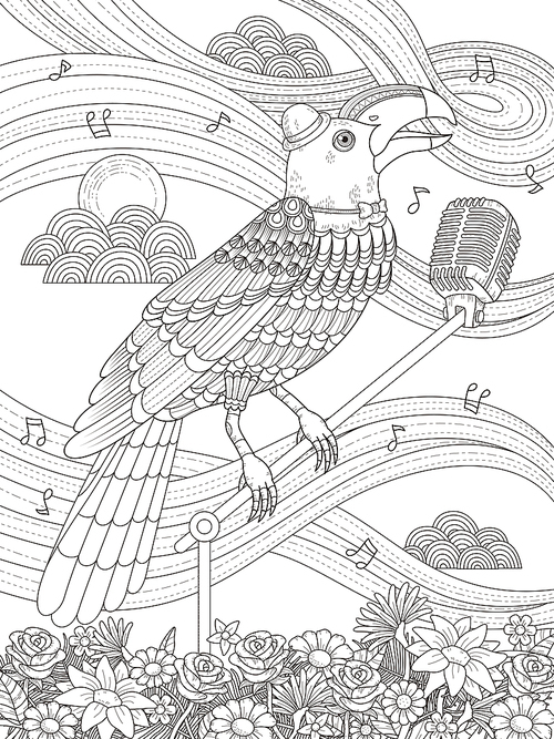 adult coloring page - toucan stand on the microphone and sing