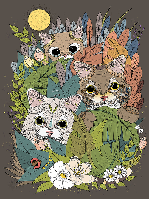 adult coloring page - wild kitties hiding behind plants