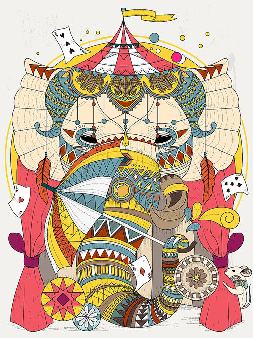 adult coloring page - elephant in the circus with magic props