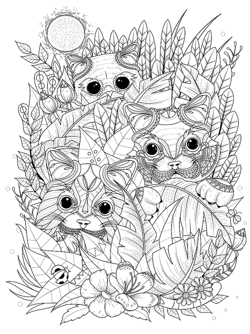 adult coloring page - wild kitties hiding behind plants