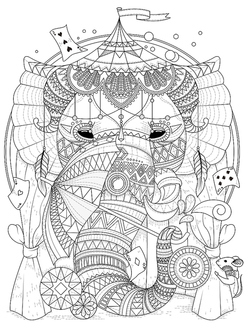 adult coloring page - elephant in the circus with magic props