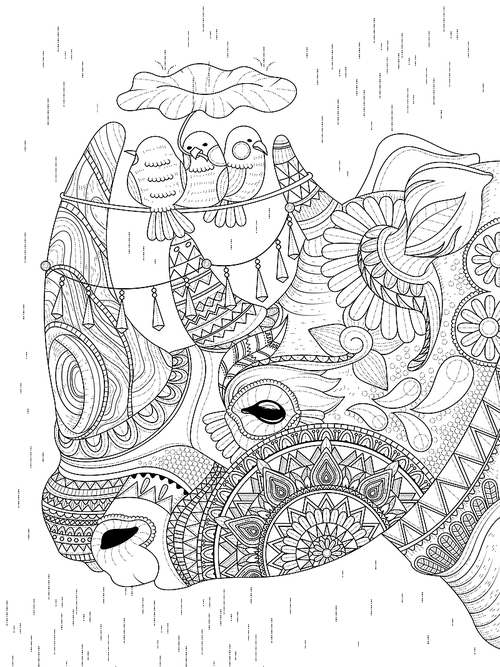 adult coloring page - lovely rhino with birds