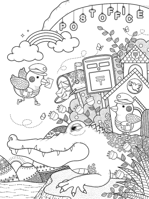 adult coloring page - cute alligator with birds mailman