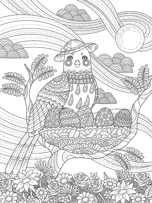 adult coloring page - lady bird with her eggs