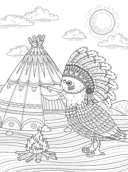 adult coloring page - Indian bird with its headwear