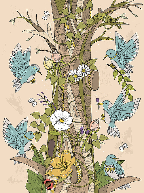 birds with floral elements - adult coloring page