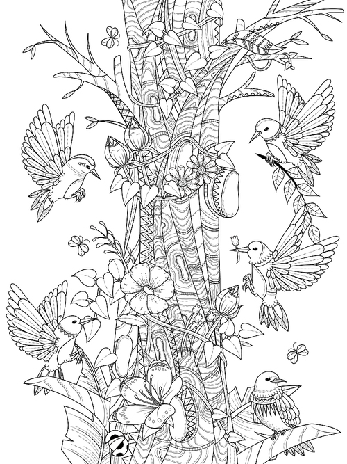 birds with floral elements - adult coloring page