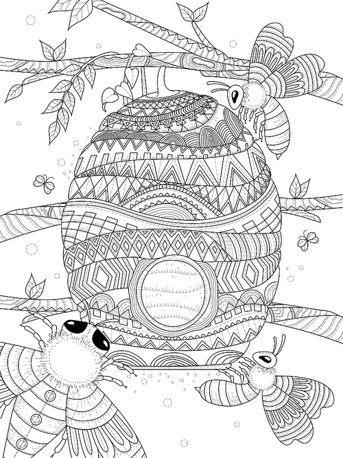 bee flies around honeycomb - adult coloring page