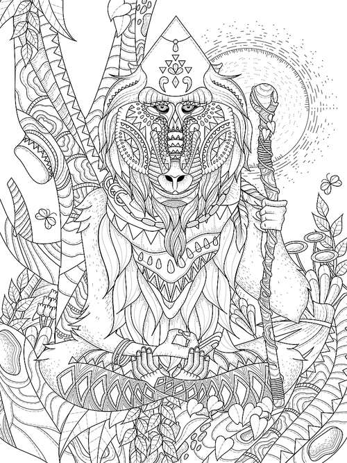 wisdom elder baboon crossed-legged in tree - adult coloring page