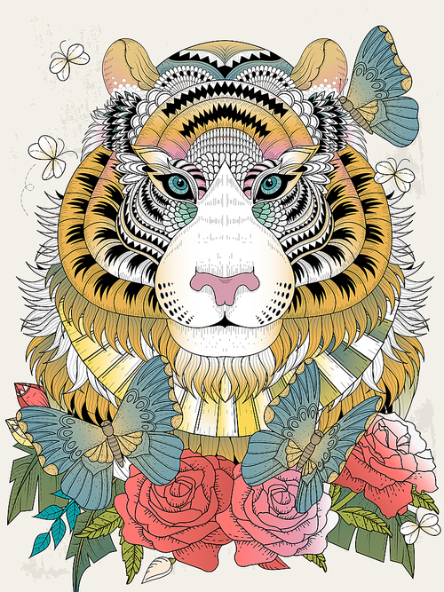 Imposing tiger with floral element - adult coloring page