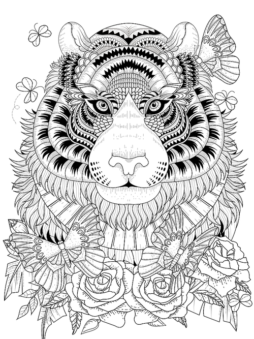 Imposing tiger with floral element - adult coloring page