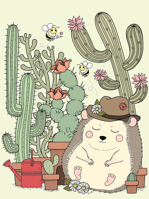 adorable hedgehog with cactus - adult coloring page