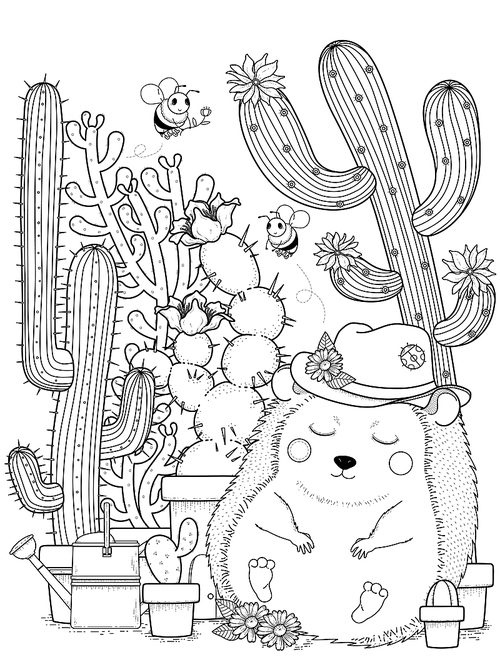 adorable hedgehog with cactus - adult coloring page