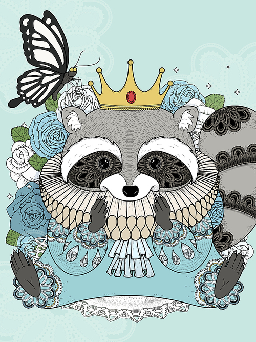 adorable raccoon in gorgeous clothes - adult coloring page