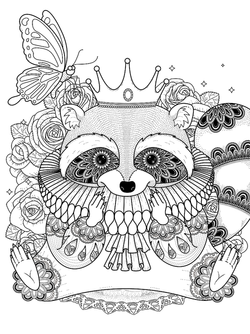 adorable raccoon in gorgeous clothes - adult coloring page