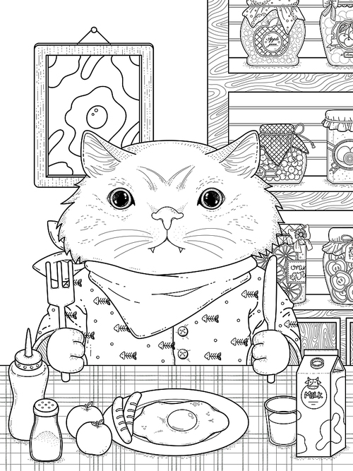 adorable kitty has its breakfast - adult coloring page