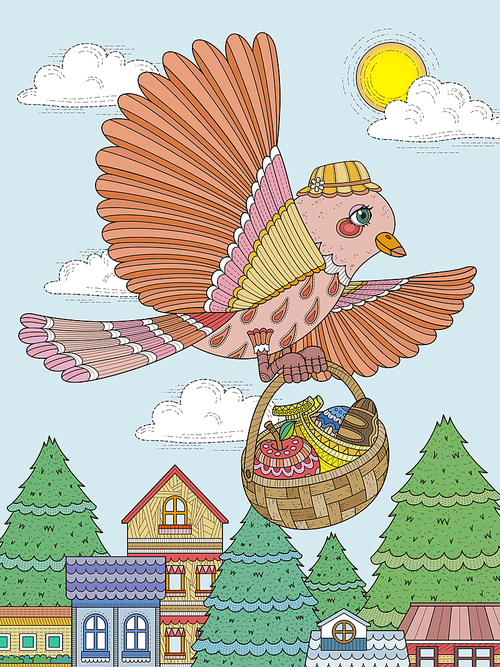 lovely bird brings food - adult coloring page