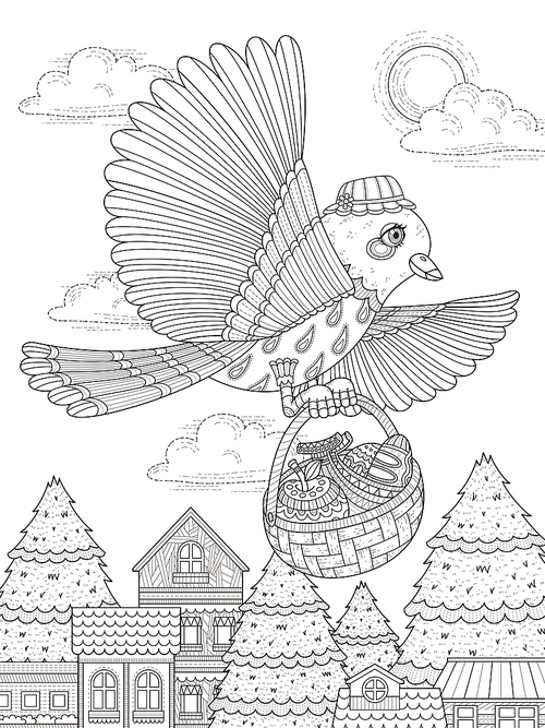 lovely bird brings food - adult coloring page