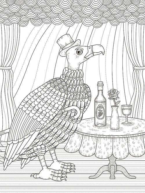 condor gentleman with wine - adult coloring page