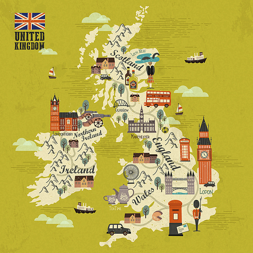 United Kingdom travel map with attractions in flat design