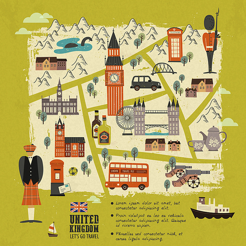 United Kingdom walking map with attractions in flat design