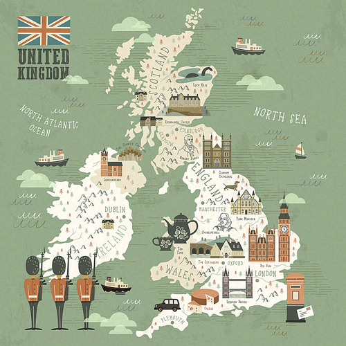 elegant United Kingdom attractions travel map in flat style