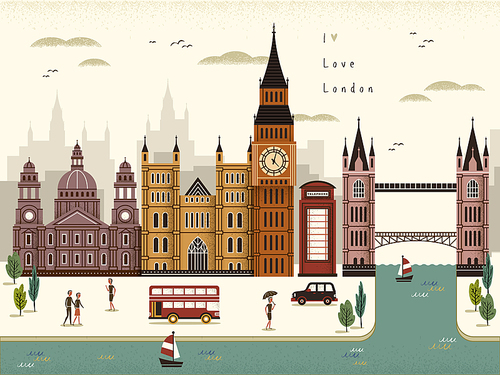 attractive London travel scenery illustration in flat style