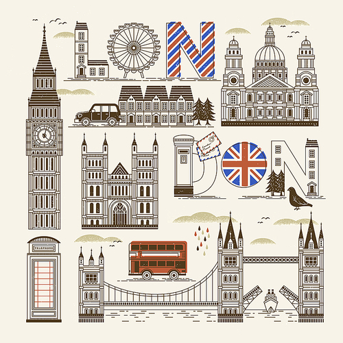 retro London attractions collection in thin line style