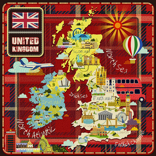 United Kingdom travel map with attractions icon over scottish pattern