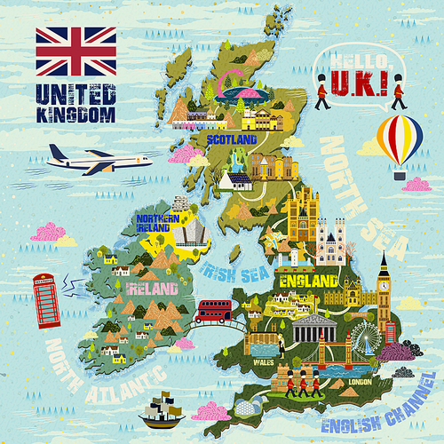 lovely United Kingdom travel map with attractions icon