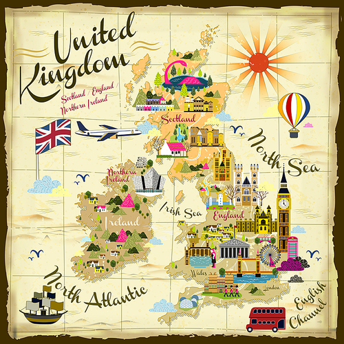 retro United Kingdom travel concept illustration on treasure map