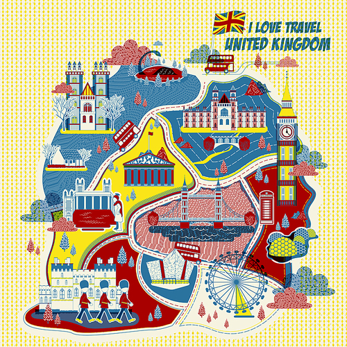 lovely United Kingdom attractions map in printing style