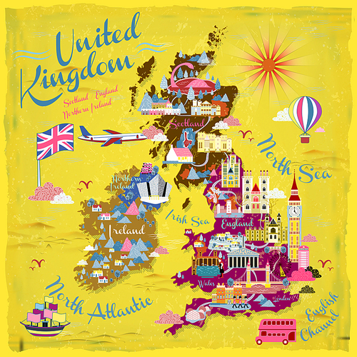 attractive United Kingdom travel map with attractions icon