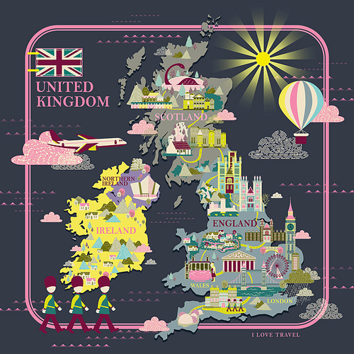 lovely United Kingdom travel map with attractions icon