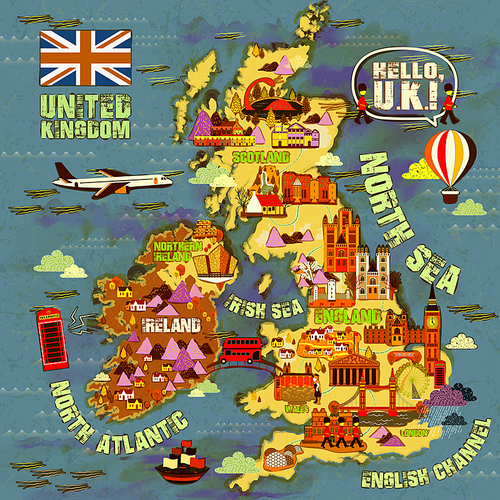 lovely United Kingdom travel map with attractions icon