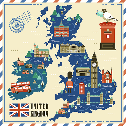 lovely United Kingdom travel map with attractions