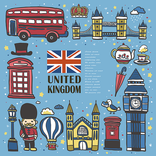 lovely United Kingdom travel impression collection in hand drawn style