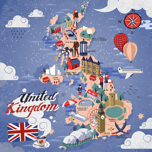 attractive United Kingdom travel map with attractions